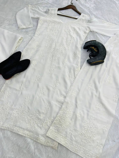 Premium White Maslin Embroidered Kurti Set with Palazzo & Dupatta